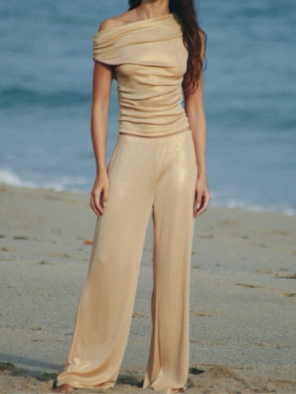 Zara summer pants. Gold pants. Resort outfit